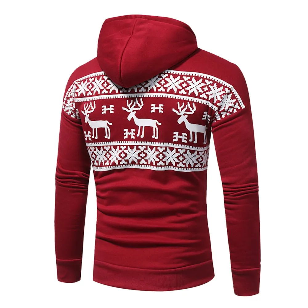 Men's Hooded Snow and Reindeer Print Drawstring Fleece Hoodie