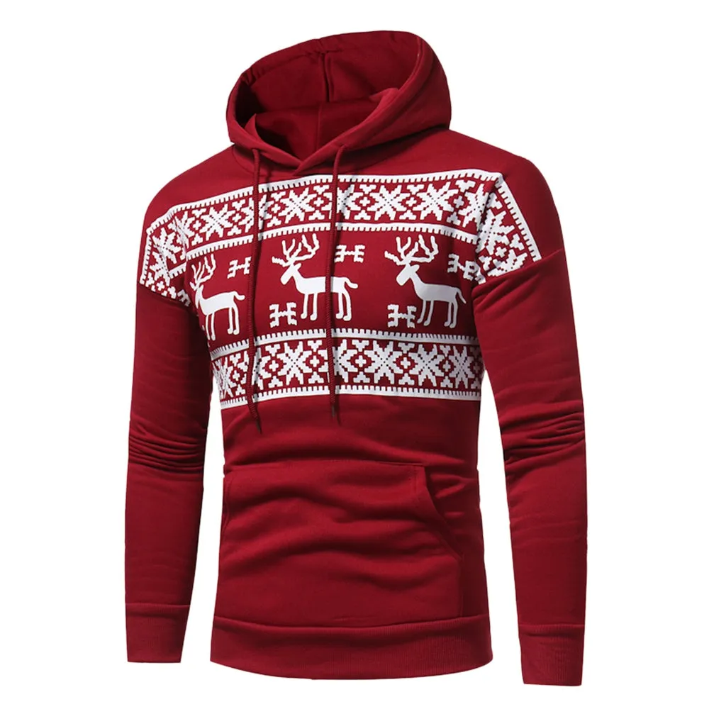 Men's Hooded Snow and Reindeer Print Drawstring Fleece Hoodie