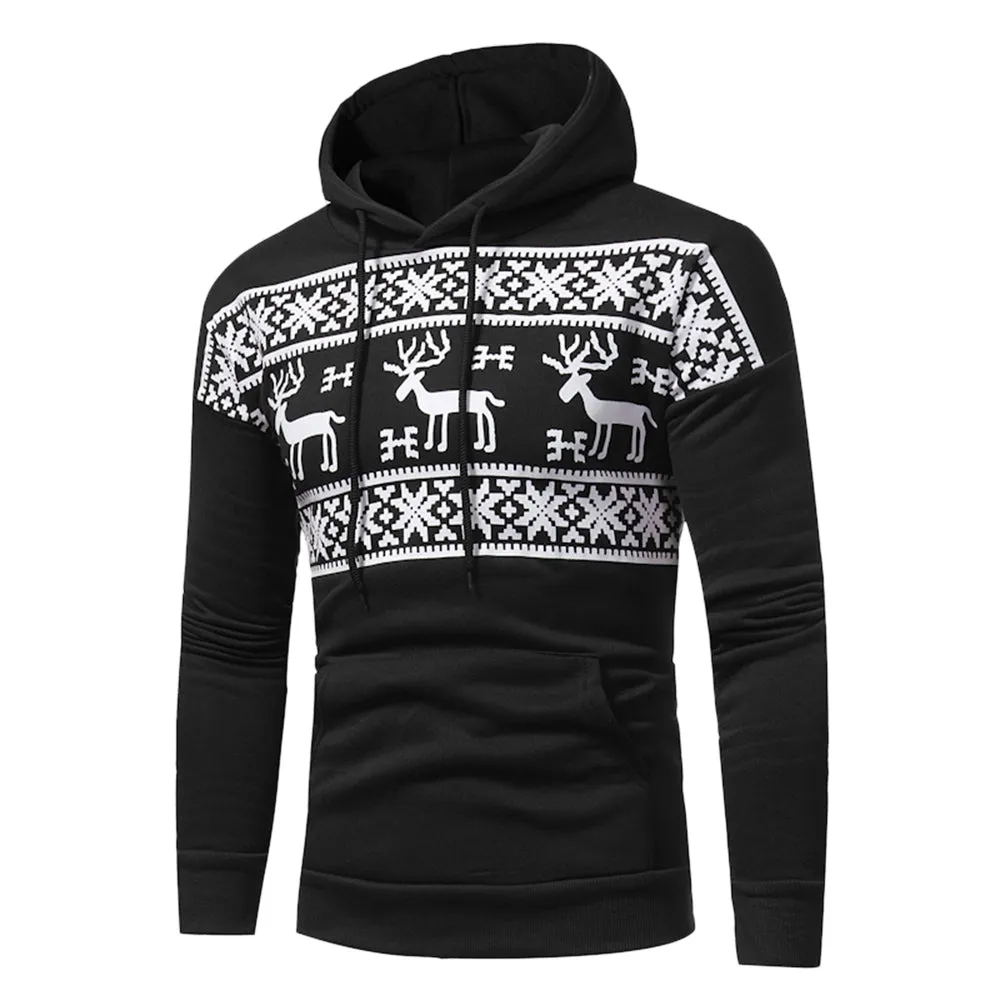 Men's Hooded Snow and Reindeer Print Drawstring Fleece Hoodie