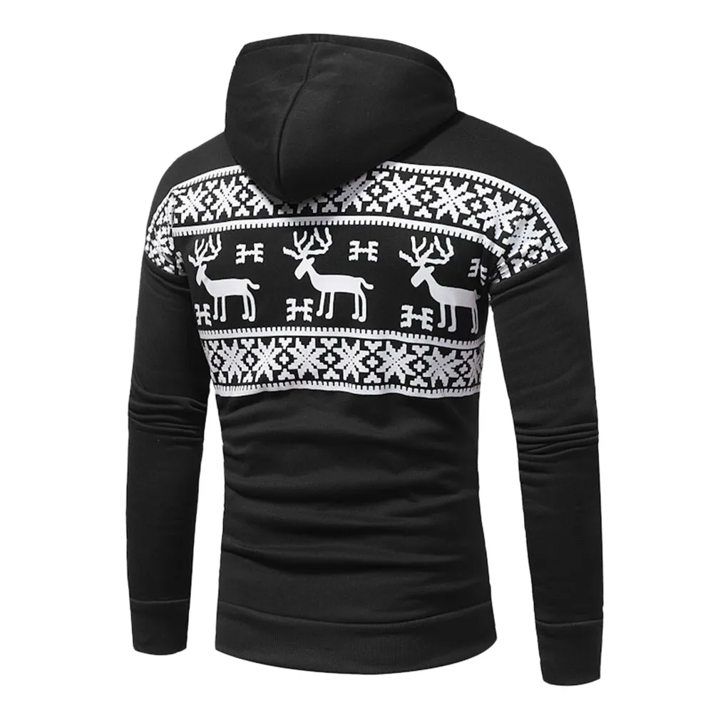 Men's Hooded Snow and Reindeer Print Drawstring Fleece Hoodie