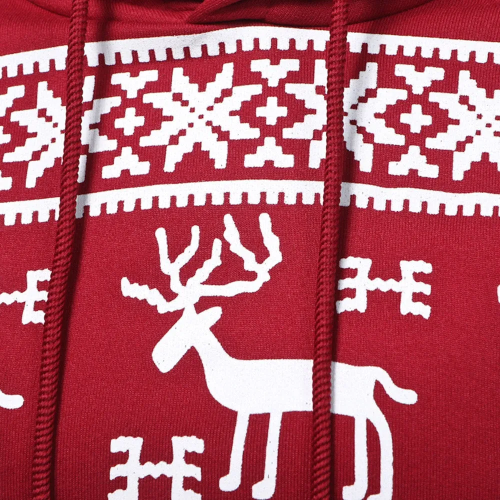 Men's Hooded Snow and Reindeer Print Drawstring Fleece Hoodie