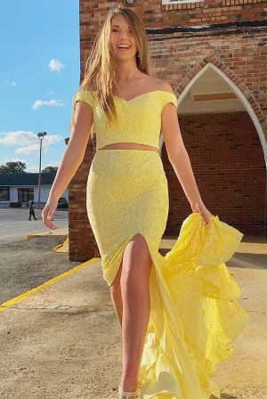 Mermaid 2 Piece Yellow Prom Dresses Cheap Off Shoulder with Split