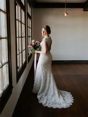 Mermaid Full Lace Open-back Cap Sleeves Wedding Dresses, WD0309
