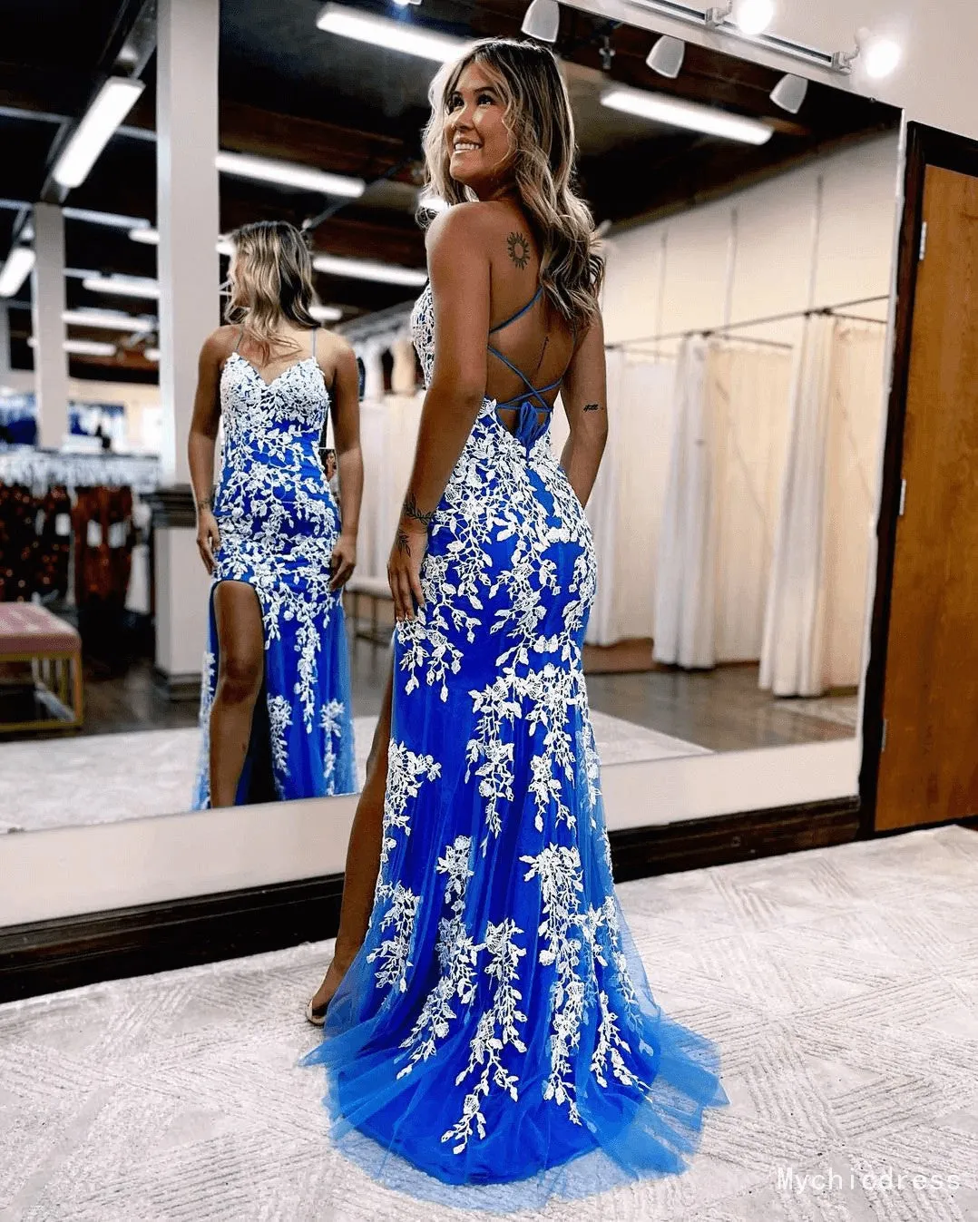 Mermaid Royal Blue Prom Dresses 2025 White Lace Applique with Spaghetti Straps