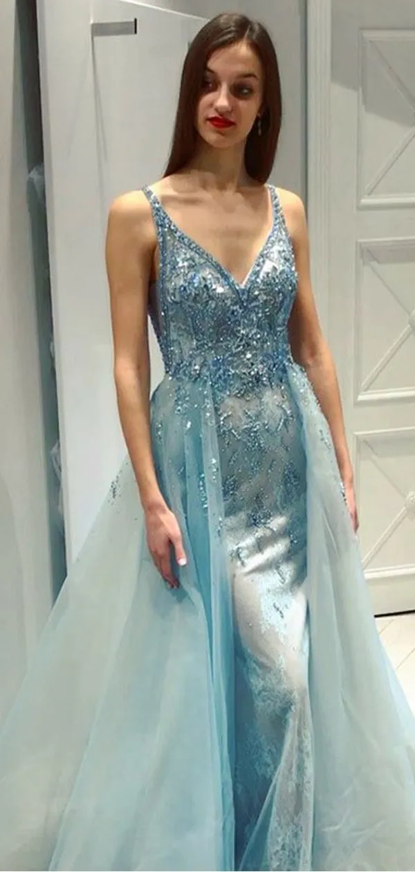 Mermaid V-Neck Light Blue Prom Dress With Beading ,Cheap Prom Dresses,PDY0558