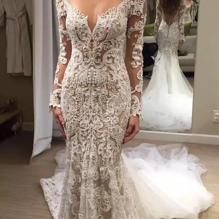 Mermaid V-neck Long Sleeves White Lace Wedding Dresses.Cheap Wedding Dresses, WDY0270