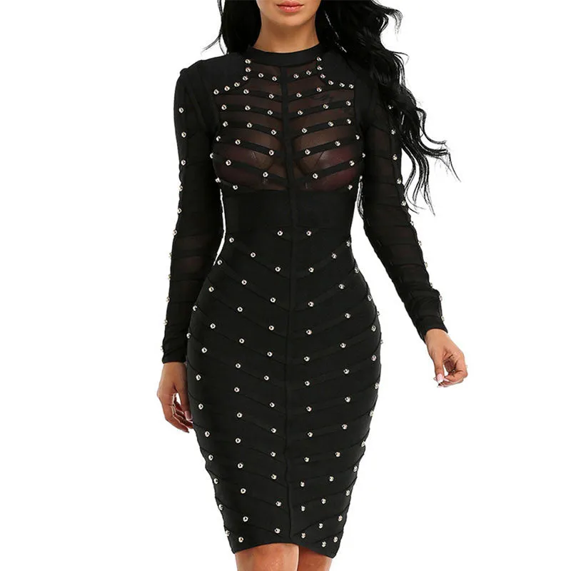 Mesh Hollow Out Midi Beading Bodycon
