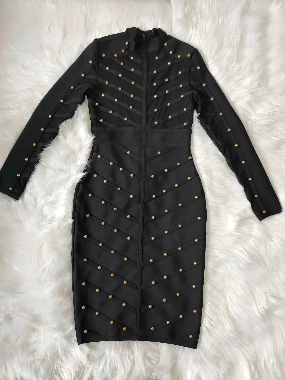 Mesh Hollow Out Midi Beading Bodycon