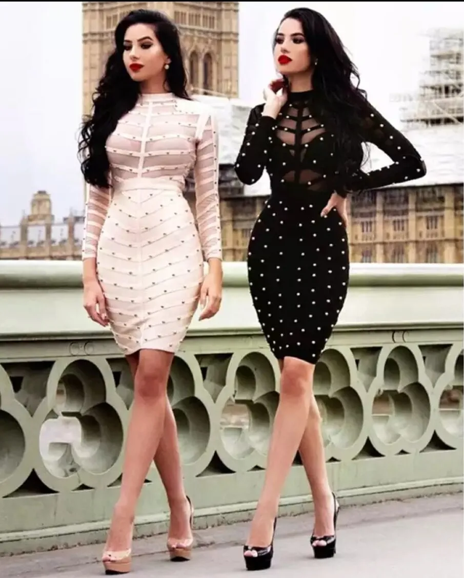 Mesh Hollow Out Midi Beading Bodycon