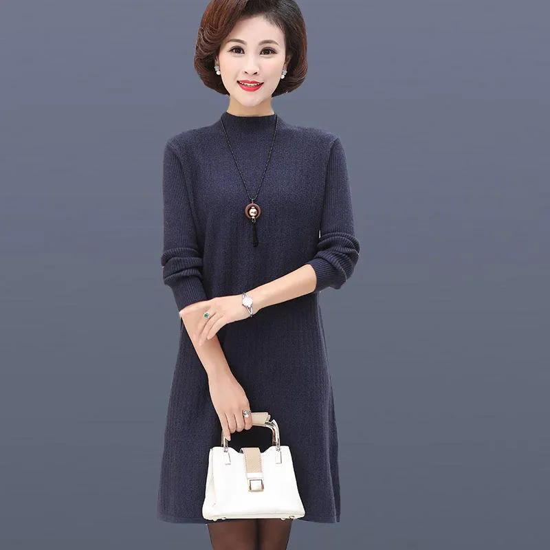 Mid-length Thick Dress In Autumn and Winter Pure Color Simple Casual Base Skirt Large Size Middle-aged Women's Sweater Skirt