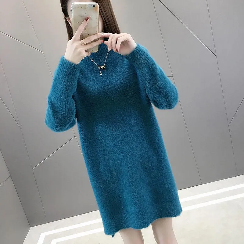 Mink Velvet Thick Sweater Loose Mid-length Bottoming Shirt High Neck Knitted Female Dress