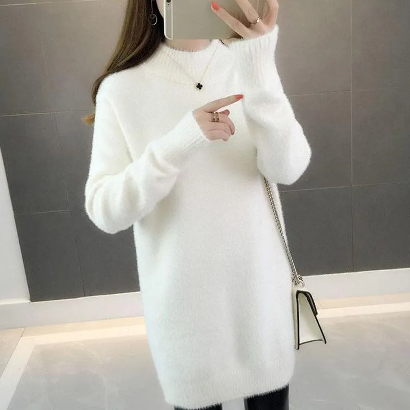 Mink Velvet Thick Sweater Loose Mid-length Bottoming Shirt High Neck Knitted Female Dress