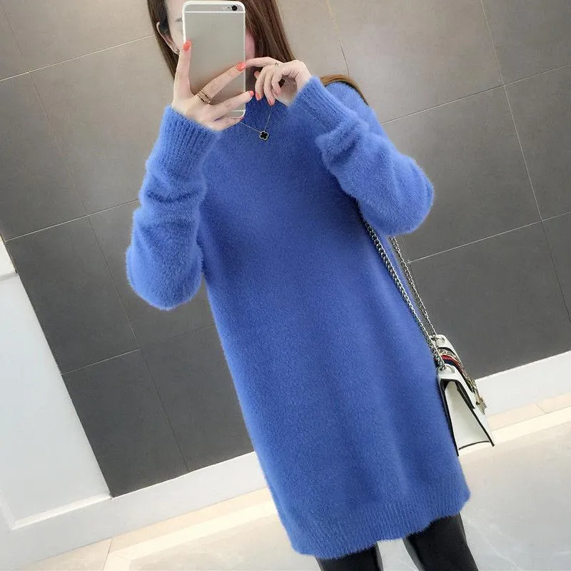 Mink Velvet Thick Sweater Loose Mid-length Bottoming Shirt High Neck Knitted Female Dress