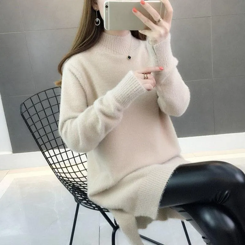 Mink Velvet Thick Sweater Loose Mid-length Bottoming Shirt High Neck Knitted Female Dress