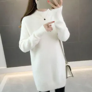Mink Velvet Thick Sweater Loose Mid-length Bottoming Shirt High Neck Knitted Female Dress