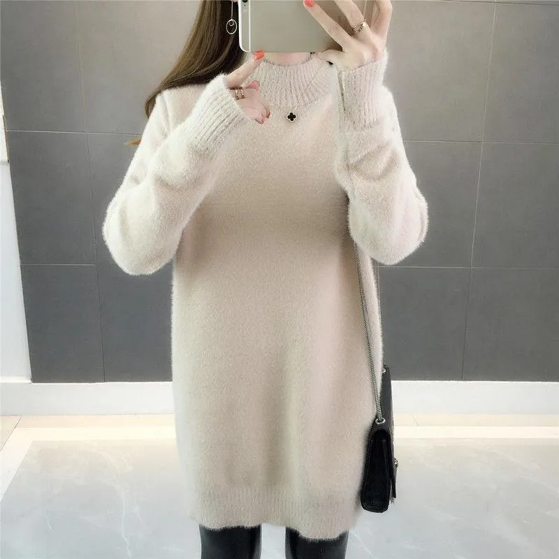 Mink Velvet Thick Sweater Loose Mid-length Bottoming Shirt High Neck Knitted Female Dress