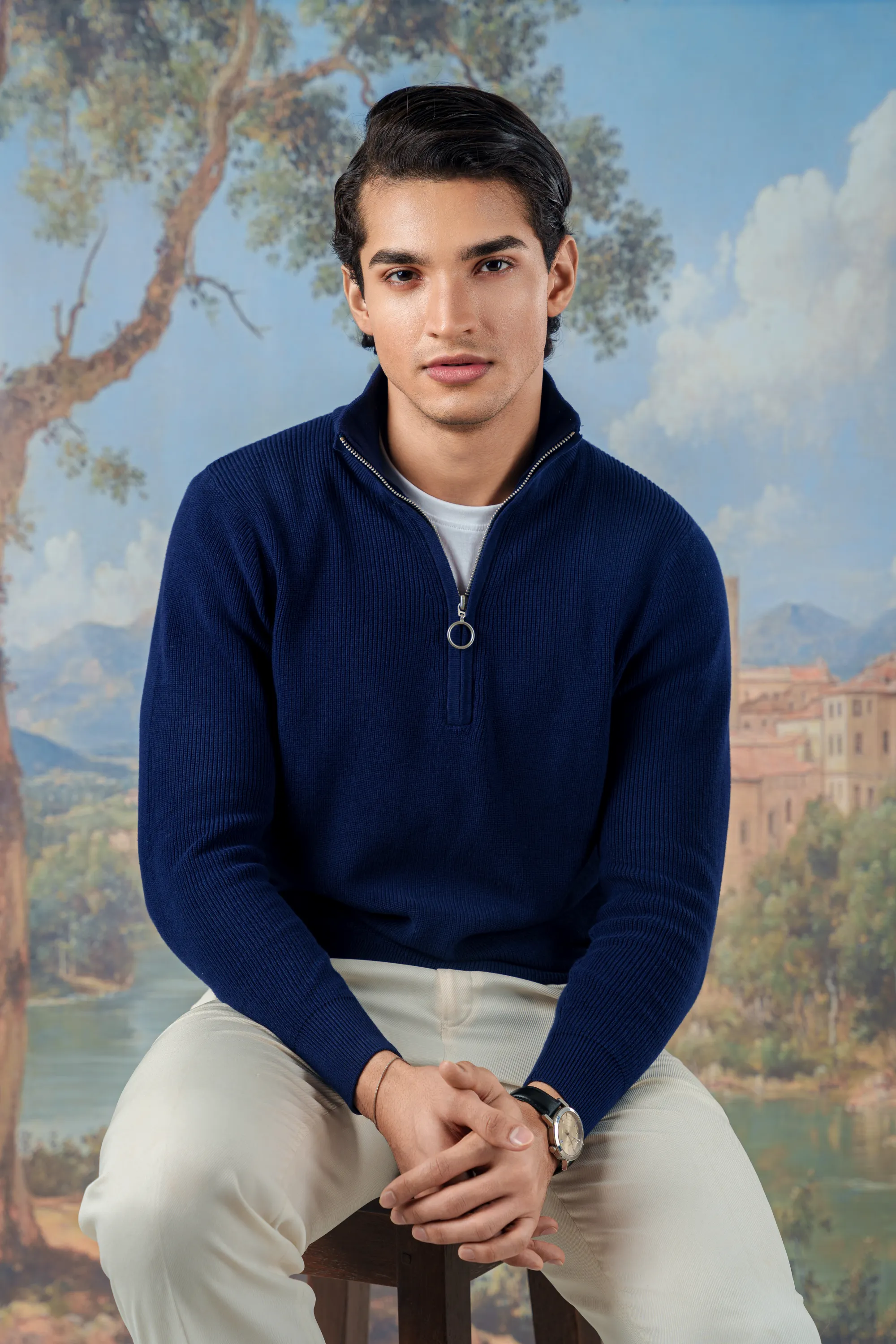 Mock Neck Zipper Sweater in Navy
