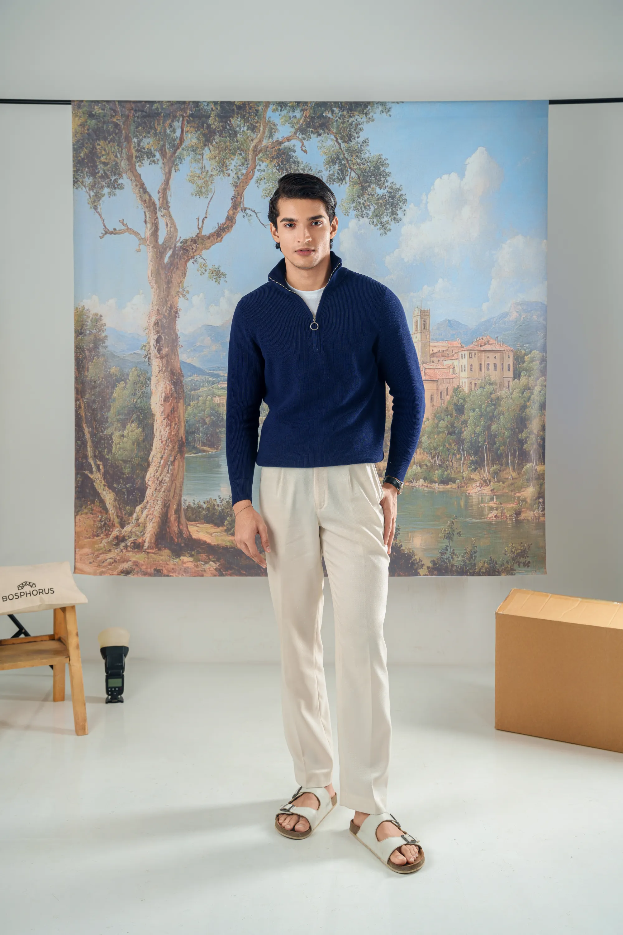 Mock Neck Zipper Sweater in Navy
