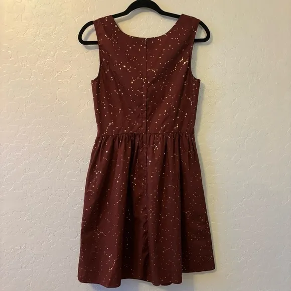 ModCloth Burgundy Gold Heart and Solar System Constellation A-Line Dress Size 10