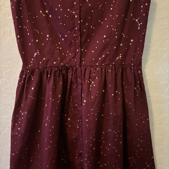ModCloth Burgundy Gold Heart and Solar System Constellation A-Line Dress Size 10