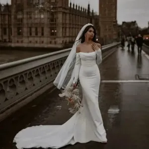Modern Satin Mermaid White Wedding Dress Long Sleeves Bridal Off Shoulder Elegant Strapless Backless customize vestidos de novia