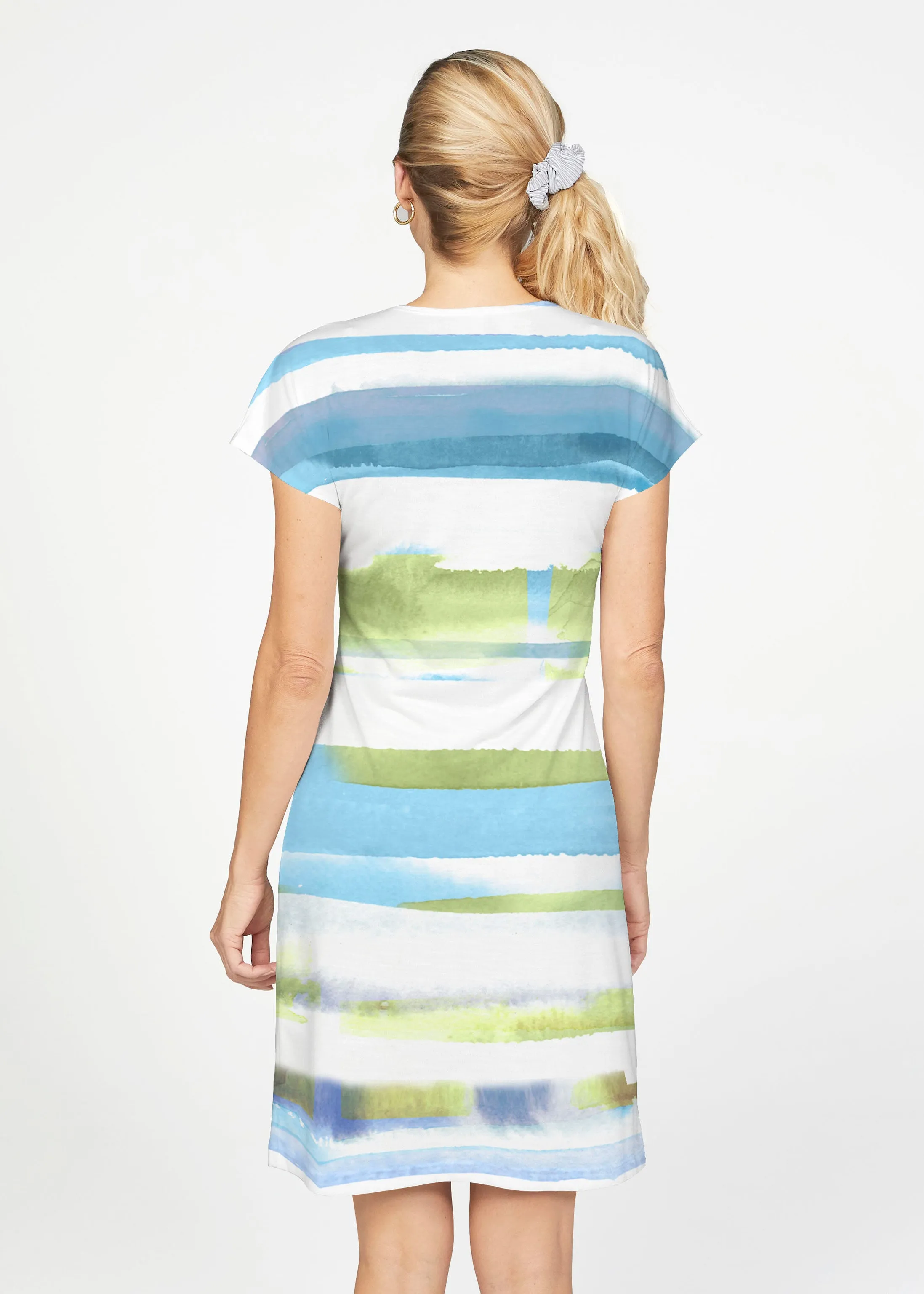 Multi Stripe Blue (7843) ~ French Terry Short Sleeve Crew Dress