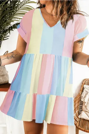 Multicolor Plus Size Color Block Tiered High Waist Mini Dress