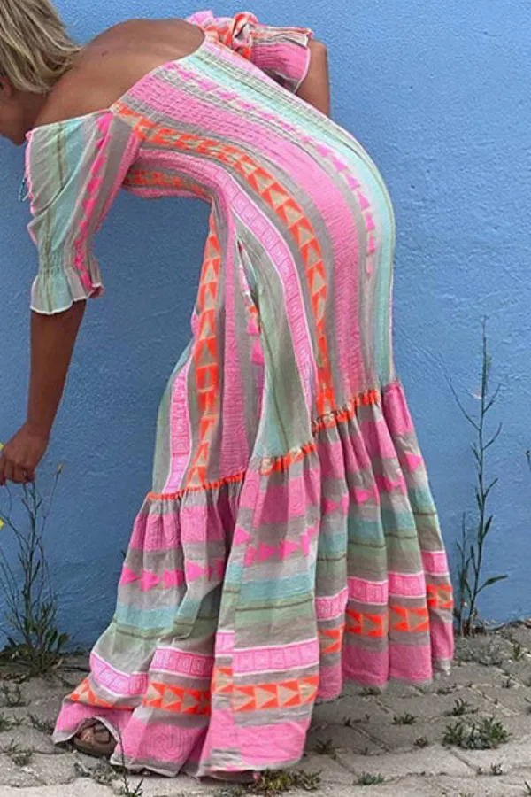 Music Festival Geometric Color Block Pocketed Smocked Boho Maxi Dress