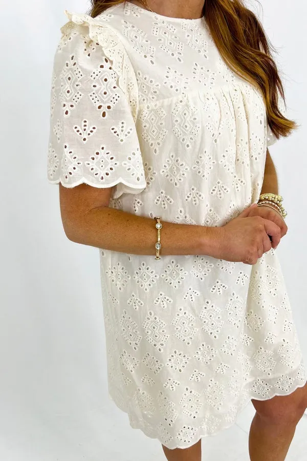 Natural Ruffled Shoulder Eyelet Dress
