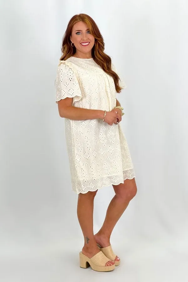 Natural Ruffled Shoulder Eyelet Dress