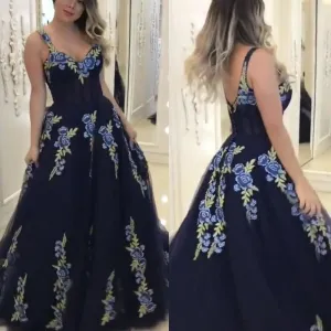 navy blue prom dresses 2020 sweetheart neck embroidery appliqué vintage elegant prom gown 2021