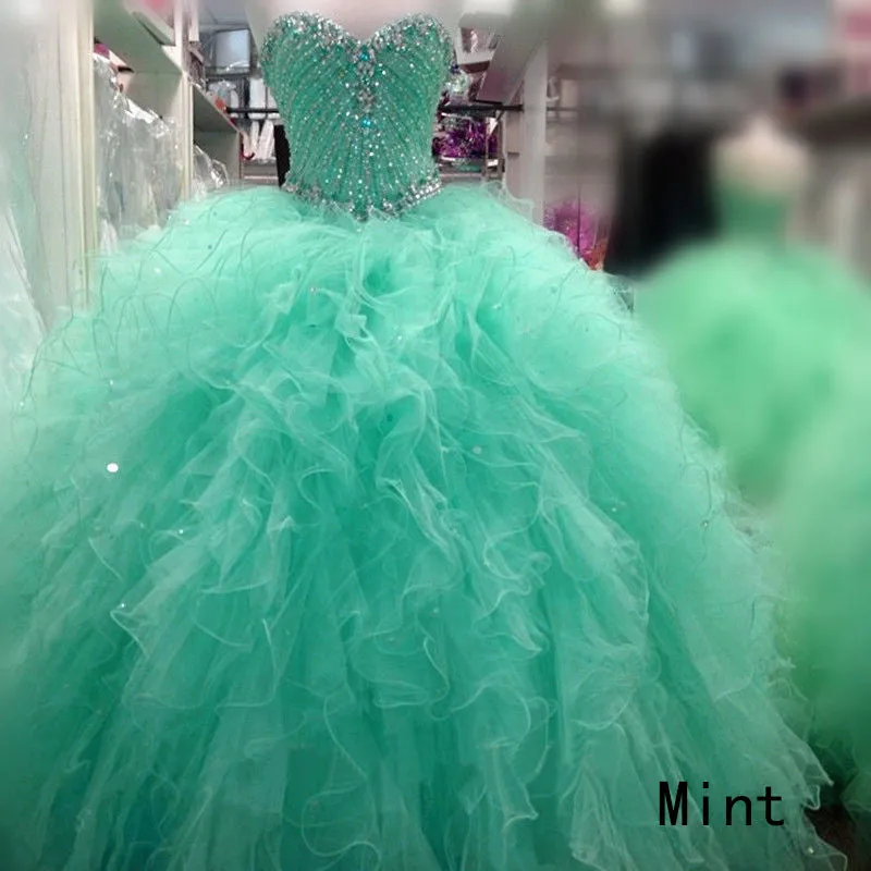 New Popular Mint Quinceanera Dresses Beaded Sparkly Rhinestones Puffy Tulle Ruffles Ball Gown Sweet 16 Dress vestidos de quinceañera