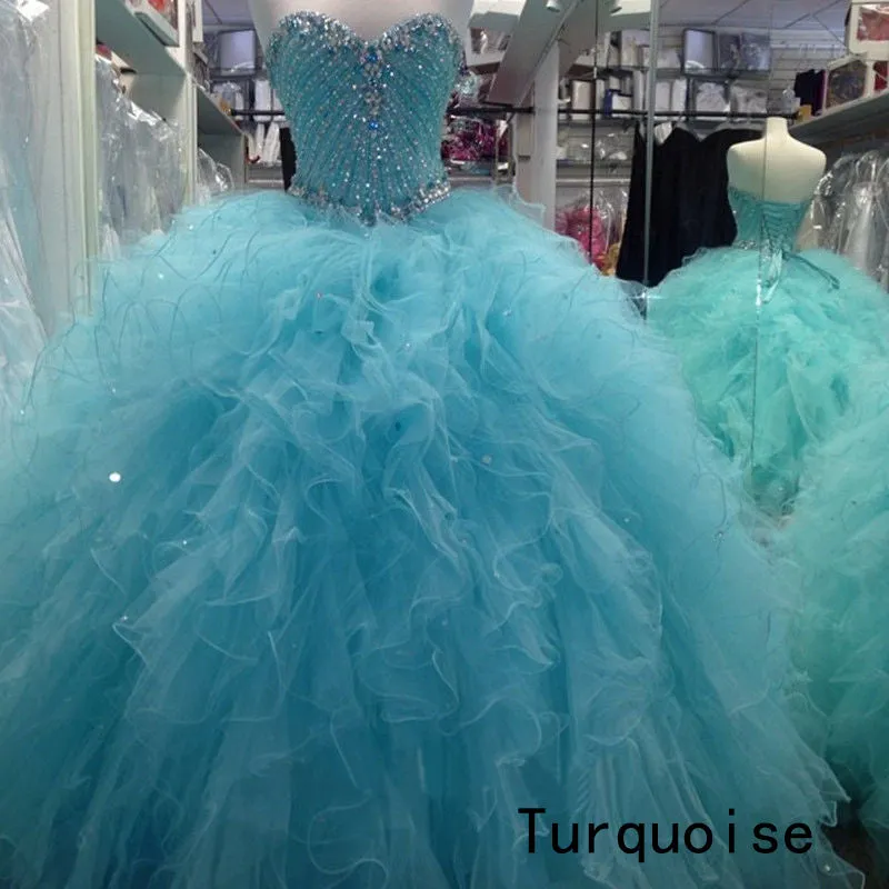 New Popular Mint Quinceanera Dresses Beaded Sparkly Rhinestones Puffy Tulle Ruffles Ball Gown Sweet 16 Dress vestidos de quinceañera