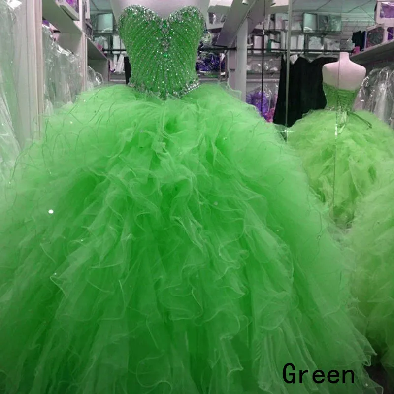 New Popular Mint Quinceanera Dresses Beaded Sparkly Rhinestones Puffy Tulle Ruffles Ball Gown Sweet 16 Dress vestidos de quinceañera