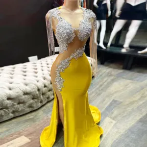 O-Neck Appliques Lace Beaded One Sleeves Side Split Yellow Dress