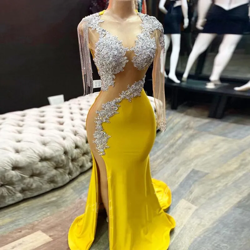 O-Neck Appliques Lace Beaded One Sleeves Side Split Yellow Dress