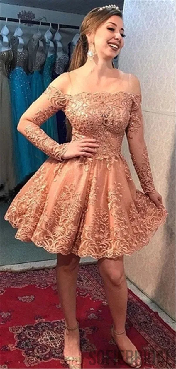 Off-shoulder Long Sleeves Lace Beading Short Homecoming Dress, HD0156