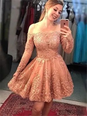 Off-shoulder Long Sleeves Lace Beading Short Homecoming Dress, HD0156