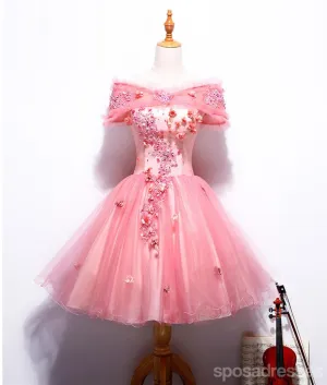 Off Shoulder Peach Lace Cute Homecoming Prom Dresses, Affordable Short Party Prom Dresses, Perfect Homecoming Dresses, CM323