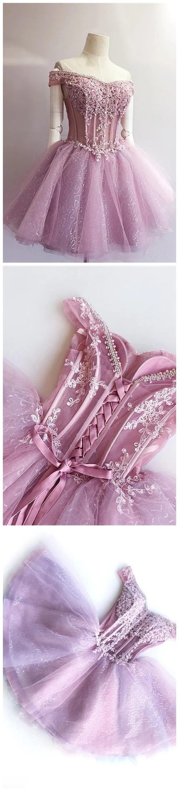 Off Shoulder Pink Lace  See Through Short Homecoming Dresses 2018, BDY0287