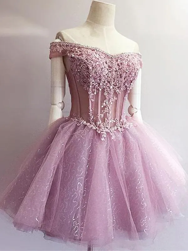 Off Shoulder Pink Lace  See Through Short Homecoming Dresses 2018, BDY0287