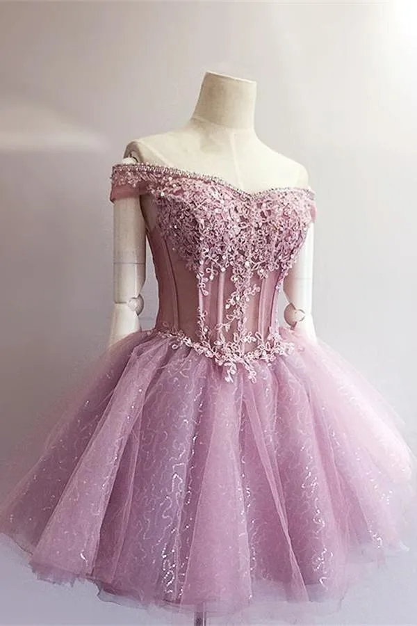 Off Shoulder Pink Lace  See Through Short Homecoming Dresses 2018, BDY0287