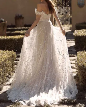 Off The Shoulder Beach Wedding Dress A-line Tulle Lace Bridal Gowns Cap Sleeve