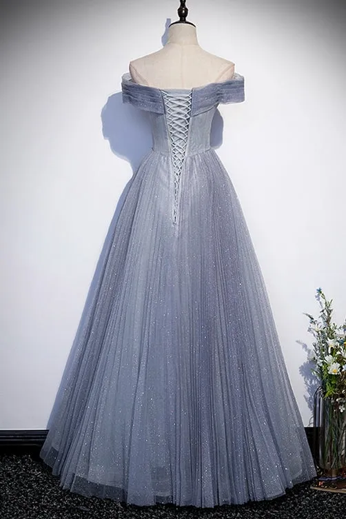 Off the Shoulder Light Blue Tulle Formal Dress