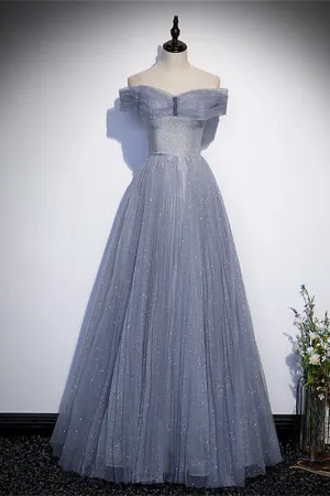 Off the Shoulder Light Blue Tulle Formal Dress
