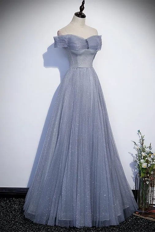 Off the Shoulder Light Blue Tulle Formal Dress