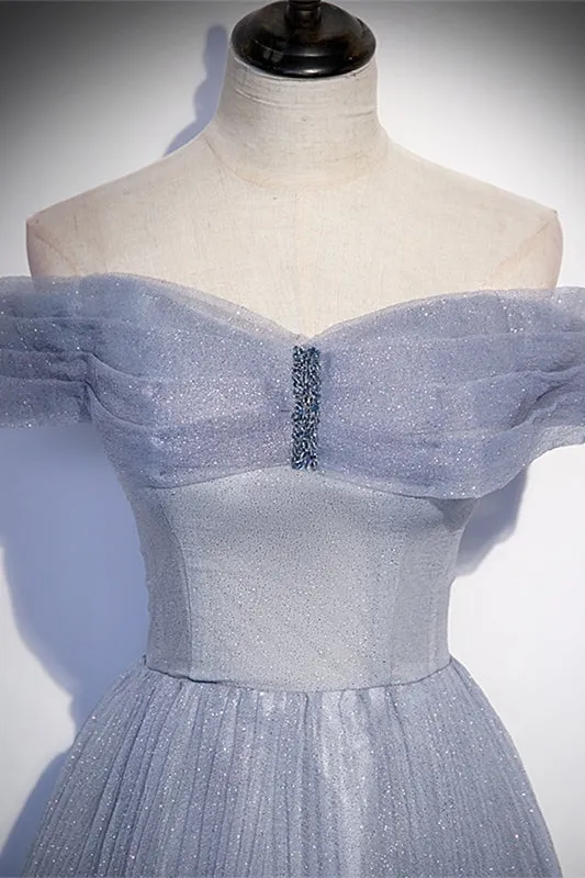Off the Shoulder Light Blue Tulle Formal Dress