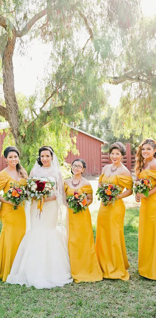 Off the Shoulder Yellow Mermaid Modest Bridesmaid Dresses, WG525