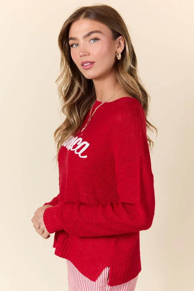 Off To The Fireworks Red America Script Striped Sweater