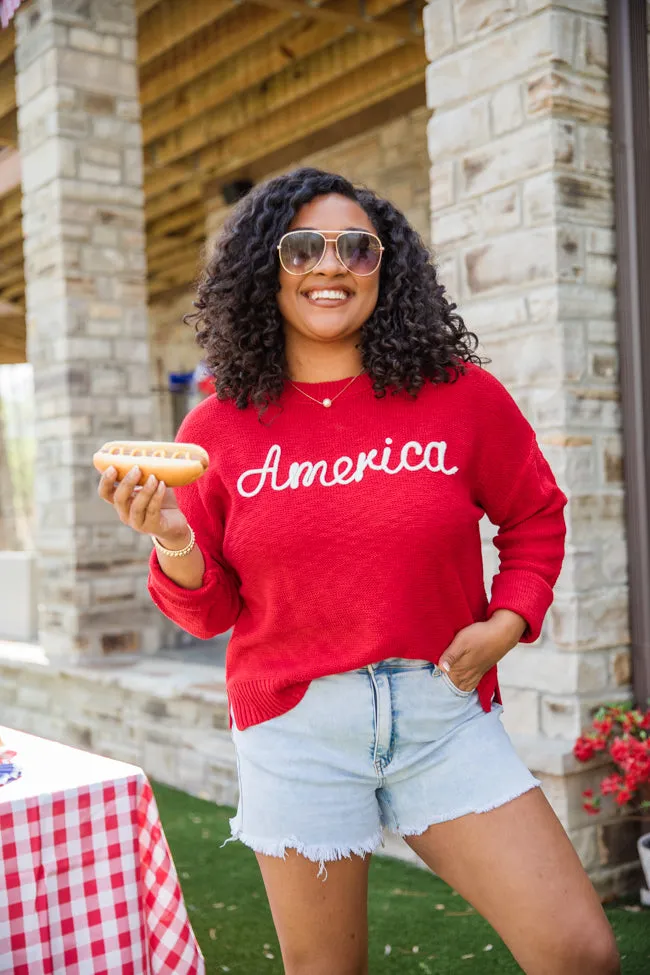 Off To The Fireworks Red America Script Striped Sweater